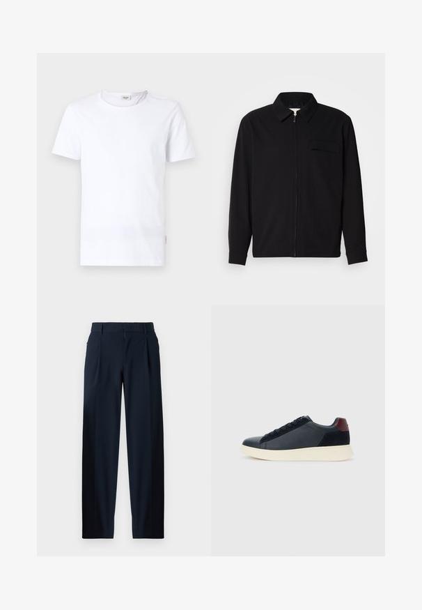 Černá dlouhá rukávová košile s límečkem, předním zipovým uzávěrem a kapsou na hrudi. Vyrobená z texturované tkaniny s uvolněným střihem.; Bílý krátký rukávový tričko vyrobené z bavlny, s kulatým výstřihem a malou logem štítkem po straně. Hladká textura a klasický střih.; Námořnické modré kalhoty s hladkou strukturou, širokým střihem, předními plisovanými záhyby, poutky na opasek a zapínáním na zip. Vhodné pro formální nebo neformální nošení.; Nízké pánské tenisky z černé kůže a semiše s vínovým patním páskem a bílou gumovou podrážkou, pohled z vnější strany.