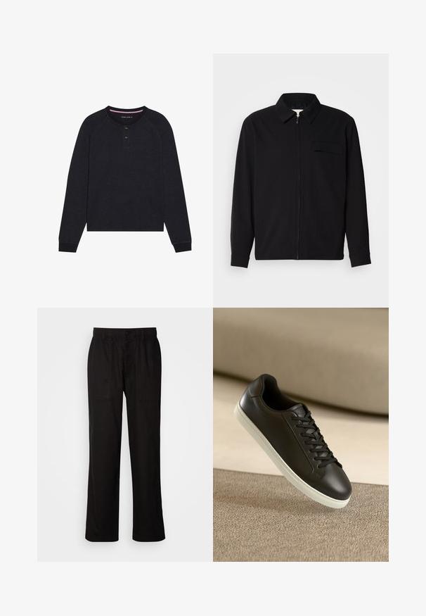 Fekete, hosszú ujjú póló, gallérral, elülső cipzárral és mellzsebbel. Texturált anyagból készült, laza szabású.; Fekete, hosszú ujjú henley póló kerek nyakkivágással, két gombos zárással és raglán ujjal. Az anyag puha tapintású, texturált felülettel rendelkezik.; Fekete, laza szabású nadrág, könnyű anyagból készült. Rugalmas derékkal, gombos záródással és két elülső zsebbel rendelkezik.; Fekete bőr sportcipő fehér gumitalppal és fekete fűzőkkel, bézs szövetfelületen és háttérben elhelyezve.