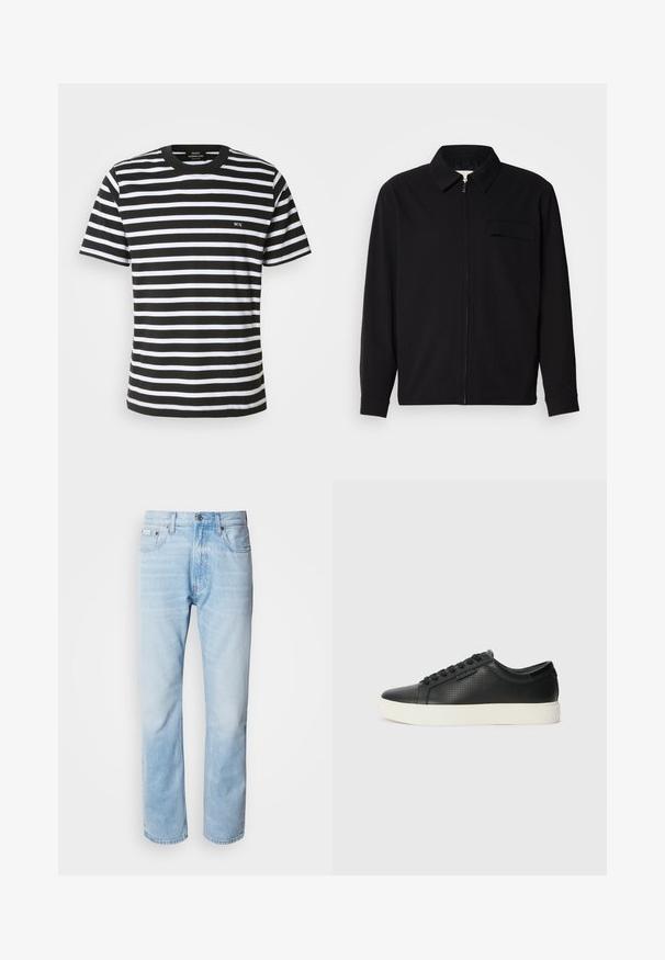 Black long-sleeve shirt featuring a collared neckline, front zip closure, and a chest pocket. Made of textured fabric with a relaxed fit.; Black and white striped t-shirt with a crew neck, short sleeves, and a small embroidered "MN" on the front. Made from soft cotton fabric.; Light blue denim jeans with a straight leg cut, featuring faded sections, five-pocket design, and a classic button fly.; Black leather sneakers with perforated texture, round toe, and flat white rubber sole. Features black laces and a subtle logo on the side.