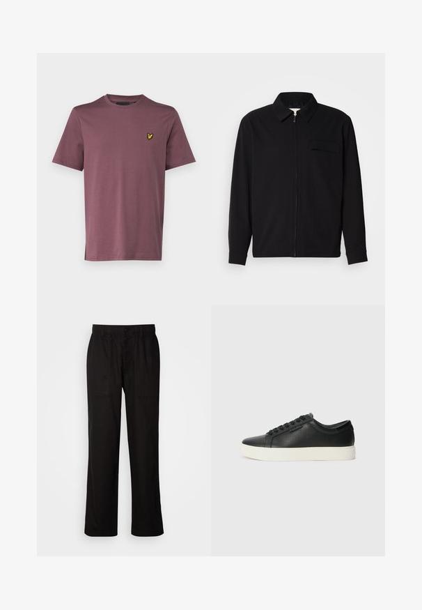 Black long-sleeve shirt featuring a collared neckline, front zip closure, and a chest pocket. Made of textured fabric with a relaxed fit.; Lyle & Scott Basic T-shirt - highland mauve; Black pants with a relaxed fit, made from lightweight fabric. Features an elastic waistband, button closure, and two front pockets.; Black leather sneakers with perforated texture, round toe, and flat white rubber sole. Features black laces and a subtle logo on the side.