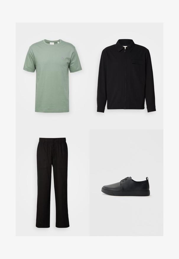 Must valgade varrukatega must särk, millel on krae, ees tõmbluku sulgemine ja rinna tasku. Valmistatud tekstuurilisest kangast ning mugav lõige.; GANT SHIELD - Lihtne T-särk - dry green; Mustad lõdva istuvusega mustad püksid, mis on valmistatud kergest kangast. Omavad elastset vöökohta, nööbiga sulgemist ja kahte esist taskut.; Mustaläik nahast spordijalatsid siledaga viimistlusega, ümarate varvastega, sama tooni õmblustega, nööbid ees, ja lamedate kummist tallaga. Kannas aas.