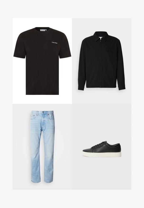 Melna garām piedurknēm krekls ar apkakles izgriezumu, priekšējo rāvējslēdzēju un krūšu kabatu. Izgatavots no teksturēta auduma ar brīvu piegriezumu.; Melns īsais piedurkņu T-krekls, kas izgatavots no kokvilnas. Tam ir apaļa kakla izgriezuma forma un neliels balts "Calvin Klein" logo uz kreisā krūšu daļa.; Gaiši zili denima džinsi ar taisnu kāju griezumu, ar izbalējušām sekcijām, piecu kabatu dizainu un klasisko pogu aizdari.; Melnas ādas sporta kurpes ar perforētu tekstūru, apaļu purngalu un plakanu baltu gumijas zoli. Ar melniem šņorējumiem un smalku logo sānos.
