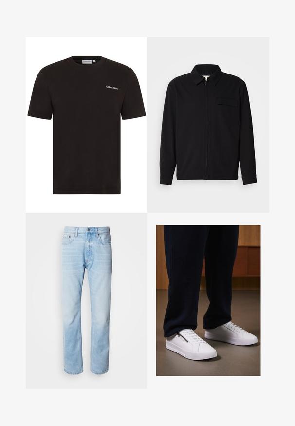 Černá dlouhá rukávová košile s límečkem, předním zipovým uzávěrem a kapsou na hrudi. Vyrobená z texturované tkaniny s uvolněným střihem.; Černé tričko s krátkým rukávem vyrobené z bavlny. Má kulatý výstřih a malé bílé logo "Calvin Klein" na levé straně hrudi.; Světle modré džíny s rovnou nohavicí, s vybledlými částmi, pěti kapsami a klasickým zapínáním na knoflík.; Bílé tenisky s hladkým koženým povrchem, plochou podrážkou a šněrovacím designem. Boční zipový detail dodává funkčnost. Vybaveny tmavými tepláky.
