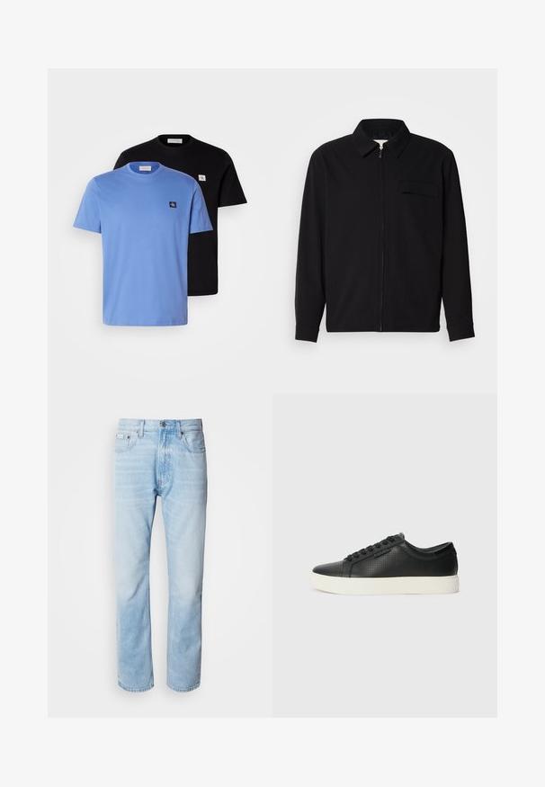 Fekete, hosszú ujjú póló, gallérral, elülső cipzárral és mellzsebbel. Texturált anyagból készült, laza szabású.; Két pamut póló, az egyik világoskék, a másik fekete, kör alakú nyakkal és kis logóval a mellkason. Sima textúra.; Világoskék farmernadrág egyenes fazonnal, kopott részletekkel, öt zsebes kialakítással és klasszikus gombos zipzárral.; Fekete bőr sportcipők perforált textúrával, kerek orral és lapos fehér gumi talppal. Fekete fűzőkkel és diszkrét logóval az oldalon.