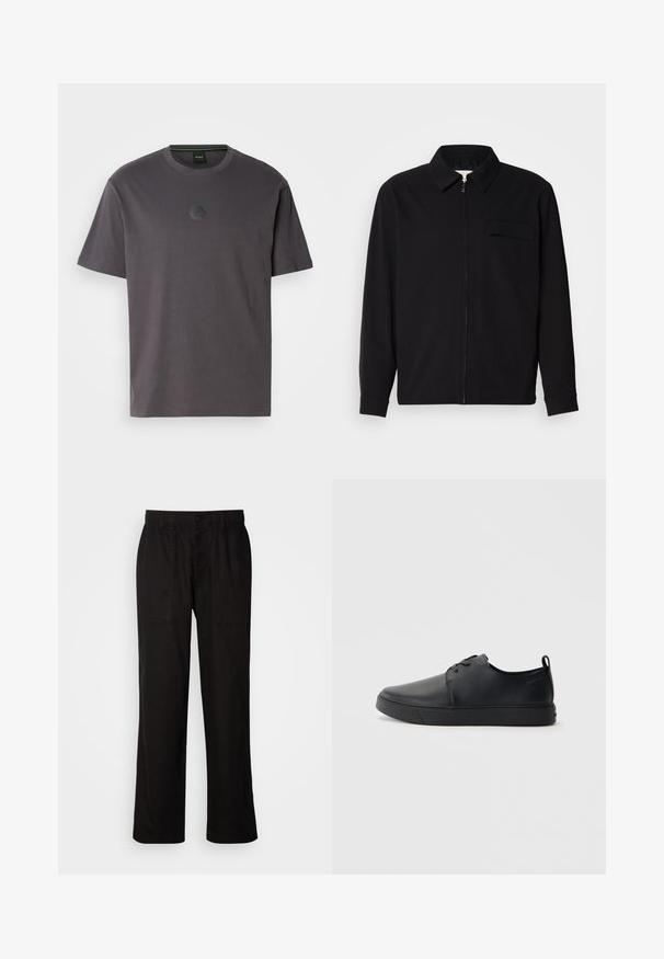 Black long-sleeve shirt featuring a collared neckline, front zip closure, and a chest pocket. Made of textured fabric with a relaxed fit.; Gray cotton t-shirt with short sleeves and a crew neckline. Features a textured hexagonal logo on the chest. Simple, casual design.; Black pants with a relaxed fit, made from lightweight fabric. Features an elastic waistband, button closure, and two front pockets.; Black leather sneaker with a smooth finish, rounded toe, tonal stitching, lace-up front, and a flat rubber sole. Loop at the heel.