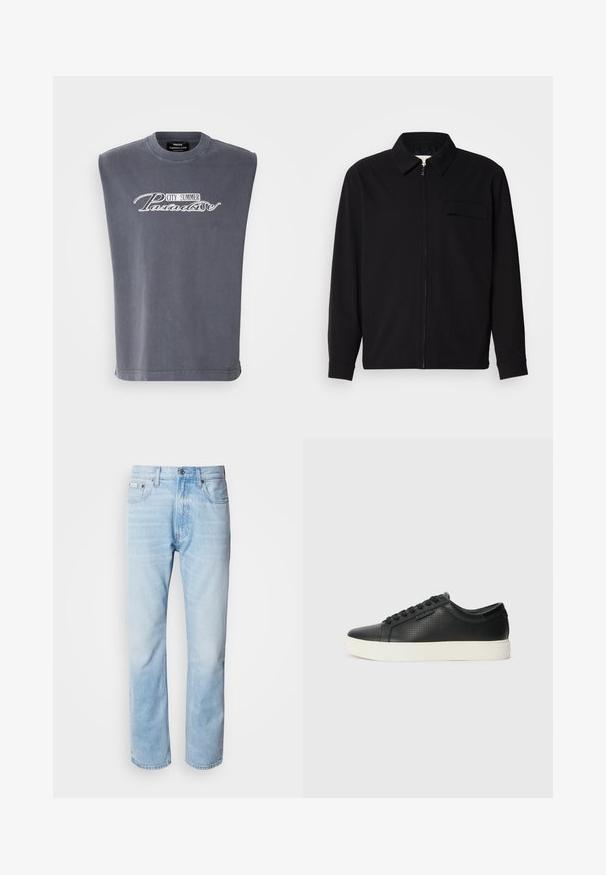 Crna majica dugih rukava s ovratnikom, prednjim zatvaračem i džepom na prsima. Izrađena od teksturiranog materijala s opuštenim krojem.; Siva majica bez rukava od mekanog materijala, s okruglim izrezom i ispisanim dizajnom "CITY SUMMER Paradise" u bijeloj boji.; Svijetloplave traperice ravnog kroja, s izblijedjelim dijelovima, dizajnom s pet džepova i klasičnim dugmadi.; Crne kožne tenisice s perforiranim uzorkom, okruglim vrhom i ravnim bijelim gumenim potplatom. Imaju crne vezice i diskretni logotip sa strane.