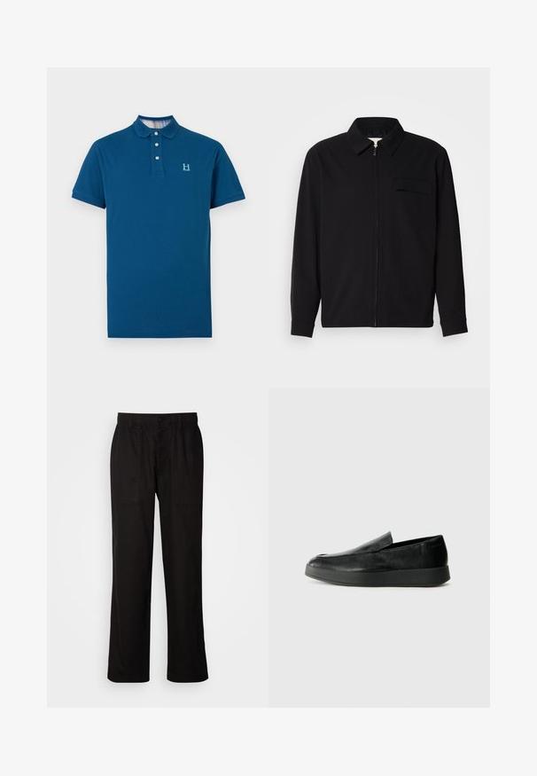 Melna garām piedurknēm krekls ar apkakles izgriezumu, priekšējo rāvējslēdzēju un krūšu kabatu. Izgatavots no teksturēta auduma ar brīvu piegriezumu.; Tumbra zila polo krekls, izgatavots no kokvilnas, ar trīs pogu aizdari, īsām piedurknēm un teksturētu virsmu ar smalku logotipu.; Melnas bikses ar brīvu piegriezumu, izgatavotas no viegla auduma. Tām ir elastīga jostasvieta, pogu aizdare un divas priekšējās kabatas.; Calvin Klein HYBRID CUP - Čības - triple black