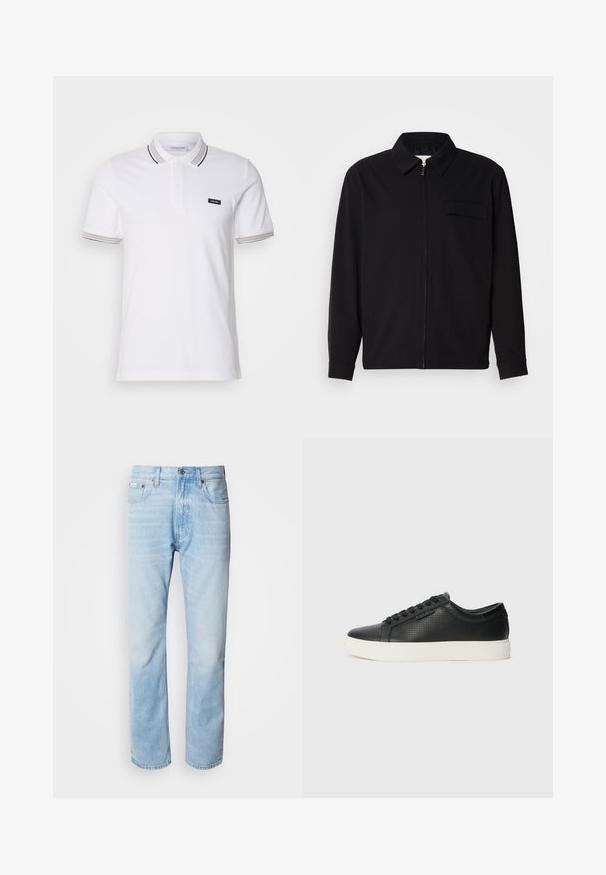 Zwarte lange mouwen shirt met een kraaghals, voorste rits sluiting en een borstzak. Gemaakt van een gestructureerde stof met een relaxte pasvorm.; Calvin Klein MULTI TIPPING  - Poloshirt - bright white/london fog; Lichtblauwe denim jeans met een rechte pijp, met vervaagde delen, vijf-pocket ontwerp en een klassieke knoopsluiting.; Zwarte leren sneakers met geperforeerde structuur, ronde neus en platte witte rubberen zool. Voorzien van zwarte veters en een subtiel logo aan de zijkant.