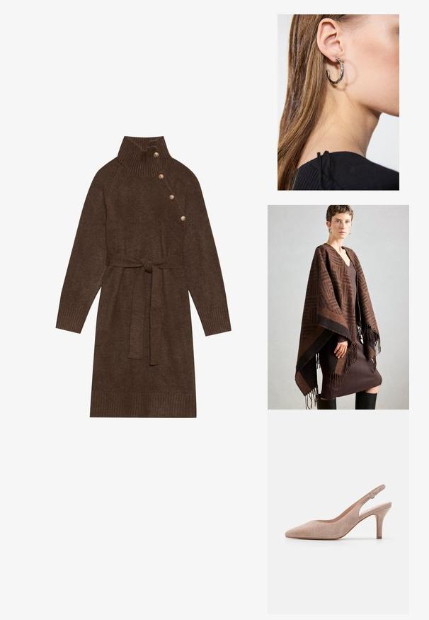 Pruun mustriga ponšo frintlidega, valmistatud pehmest kangast. Kihtide kaupa kantud ribaliselt pruuni kleidi üle, millel on sügav V-kaelus ja kehaümberpööratud siluett.; Pruun kudumkleit, millel on kõrge ribakrae, külgedel nupud ja sobiv kangast vöö. Ribakätised ja hem lisavad tekstuuri.; Pehmeast beezist nahast kontsaga slingback king, terava nina, peenike konts, ja reguleeritav pahkluku rihm ümmarguse pandlaga.; Hõbedane rõngas kõrvarõngas poleeritud viimistlusega, millel on väikesed kuldsed aktsendid ja ümmargune kuju, kantud lobus.