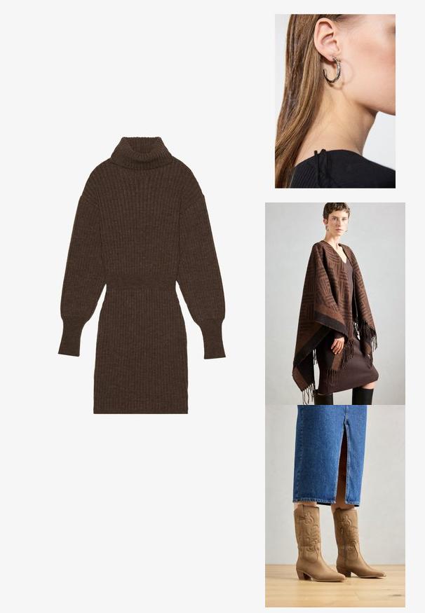 Poncho à motifs marron avec des franges, fabriqué en tissu doux. Superposé sur une robe marron côtelée, présentant un décolleté en V profond et une silhouette ajustée.; Robe pull côtelée marron avec un col montant, des manches longues et une taille ajustée. Tissu en maille texturée avec des détails subtils.; Bottes western en cuir marron avec des coutures décoratives, bout pointu et talon empilé. Portées avec une jupe en denim longue jusqu'au genou, mettant en valeur les bottes.; Boucle d'oreille en argent avec une finition polie, présentant de petits détails en or et de forme ronde, portée sur le lobe.
