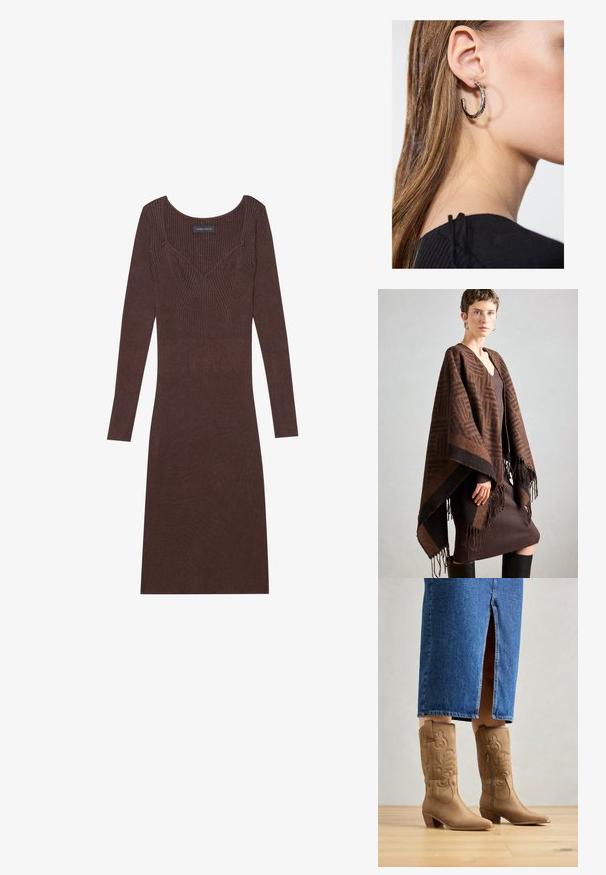 Brązowy ponczo w wzory z frędzlami, wykonane z miękkiego materiału. Nałożone na brązową sukienkę o prążkowanej strukturze, z głębokim dekoltem w kształcie litery V i dopasowanym krojem.; Brązowa, prążkowana sukienka z długim rękawem, o okrągłym dekolcie i dopasowanym kroju. Posiada szczegóły w kształcie litery V w szwie na korpusie.; Beżowe kowbojskie buty z ozdobnym haftem, szpiczastym noskiem i grubaśnym obcasem. Noszone z dżinsową spódnicą do kolan, która odsłania buty.; Srebrny kolczyk w kształcie koła z polerowanym wykończeniem, z małymi złotymi akcentami, noszony na płatku ucha.