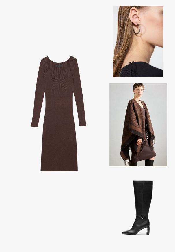 Brunt mønstrede poncho med frynser, lavet af blødt stof. Lagt over en ribbet brun kjole med dyb V-udskæring og tætsiddende silhuet.; Brun ribbet langærmet kjole med scoop-halsudskæring og tætsiddende silhuet. Har V-formet stikningsdetalje på bodicen.; Sorte læderknæhøje støvler med spids tå og tyk hæl. Har en rem med en cirkulær detalje ved anklen.; Sølv hoop ørestik med en poleret overflade, prydet med små guld accenter og en rund form, båret på øreflippen.