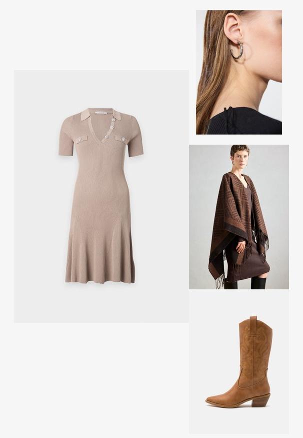 Brun mønstrete poncho med frynser, laget av myk stoff. Lagt over en ribbet brun kjole med dyp V-hals og tettsittende silhuett.; Strikket kjole i lys beige med V-hals, korte ermer og dekorative knapper. Utsvingt skjørtekant med vertikal ribbestrikket tekstur og frontlommer.; Brune lær cowboy støvel med spiss tå, broderte svirvlende mønstre på skaftet og en stablet blokk hæl. Har en trekksløyfe for enkel påkledning.; Sølv ringøredob med en polert finish, med små gull detaljer og en rund form, båret på øreflippen.