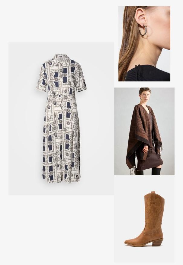 Rjav pončo z vzorcem in resicami, izdelan iz mehkega blaga. Nosil se je preko rebraste rjave obleke z globokim V-izrezom in oprijetim krojem.; Kratka obleka s kratkimi rokavi, do kolen, ki ima geometrijski vzorec v mornarsko modri in smetani barvi, z gumbi in ovratnikom. Lahek material.; Rjavi usnjeni kauboj čevlji s koničastim nosom, vezenimi vijugastimi vzorci na zgornjem delu in zloženim kvadratnim peto. Imajo zanko za enostavno obuvanje.; Srebrna obročasta uhana s polirano površino, ki vključuje majhne zlate poudarke in okroglo obliko, nošena na ušesnem lobu.