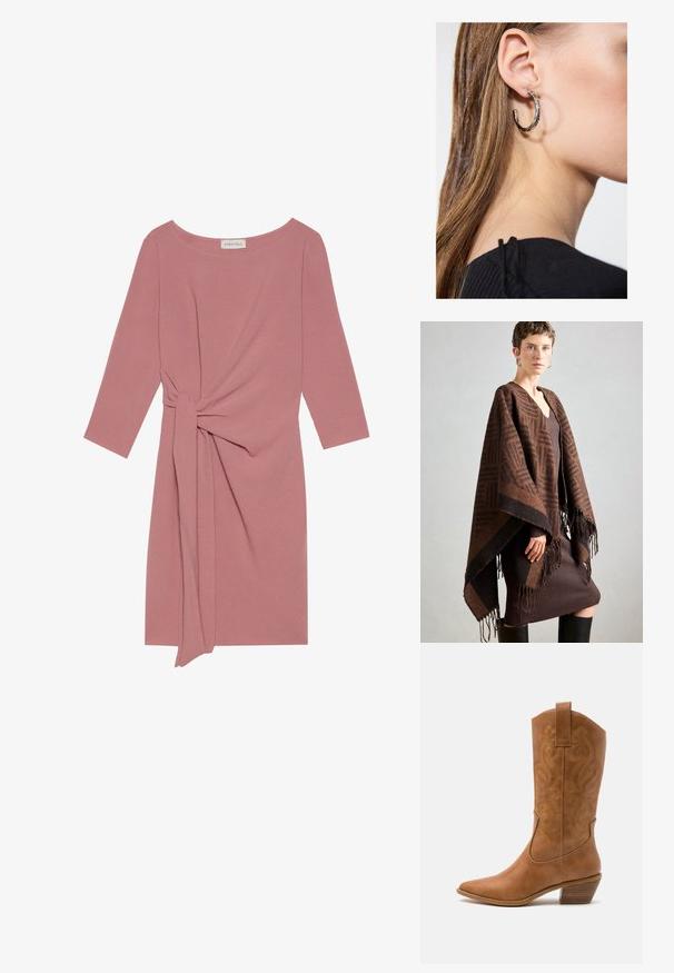 Barna mintás poncsó rojttal, puha anyagból készült. Egy bordázott barna ruhára van ráterítve, amely mély V-nyakkal és testhez simuló fazonnal rendelkezik.; Rózsaszín, térdhez érő ruha háromnegyedes ujjakkal, csavart kiegészítővel a derékon és puha, texturált anyaggal. Kerek nyakkivágás, egyszerű dizájn.; Barna bőr cowboy csizma hegyes orral, hímzett örvény mintákkal a szárán, és stílusos, réteges blokk sarokkal. Kihúzó füle segíti a könnyű felhúzást.; Ez egy ezüst fülbevaló, sima felülettel, amelyen apró arany díszítőelemek találhatók. Kerek formájú és a fülcimpán viselik.