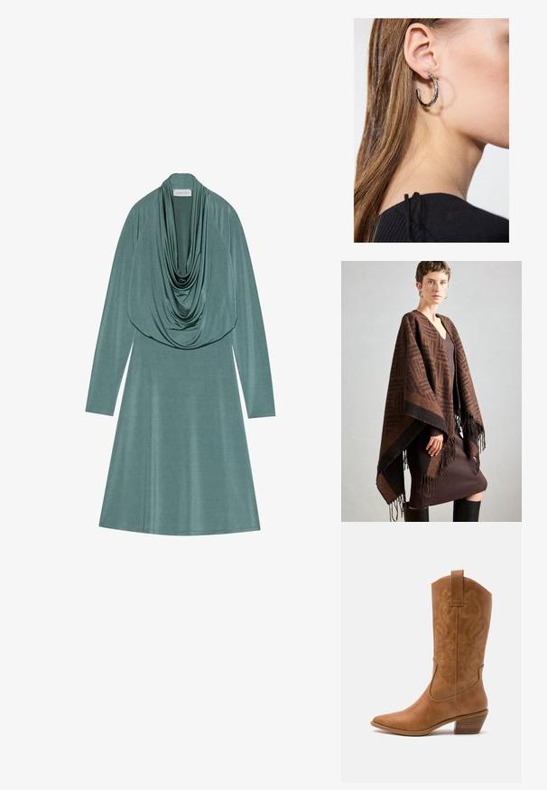 Rudas raštuotas puko su franjomis, pagamintas iš minkštos medžiagos. Uždėtas ant raukšlėto rudo suknelės, kuriai būdingas gilaus V formos iškirptė ir prigludęs siluetas.; Tamsiai žalia suknelė su gaubtu, turinti ilgomis rankovėmis ir išsipūtusią siluetą. Minkšta, lygi tekstūra su subtiliu blizgesi.; Ruda odinė kantri batai su smailiu būtų pirštu, siuvinėtais spiralės raštais ant viršaus ir su kamščiu blokuotu kulnu. Yra tamprių užtraukių, kad būtų lengviau užsidėti.; Sidabrinė lankinė auskarai su poliruotu paviršiumi, turintys mažus auksinius akcentus ir apvalią formą, dėvimi ant ausies kaušelio.