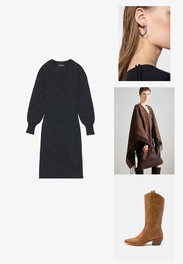 Poncho à motifs marron avec des franges, fabriqué en tissu doux. Superposé sur une robe marron côtelée, présentant un décolleté en V profond et une silhouette ajustée.; Robe en maille côtelée gris foncé avec décolleté en V et longues manches bouffantes. Présente une taille cintrée et un tissu texturé pour la chaleur.; Bottes de cow-boy en cuir tan avec un bout pointu, des motifs en spirale brodés sur la tige, et un talon bloc empilé. Équipées d'une languette pour un enfilage facile.; Boucle d'oreille en argent avec une finition polie, présentant de petits détails en or et de forme ronde, portée sur le lobe.