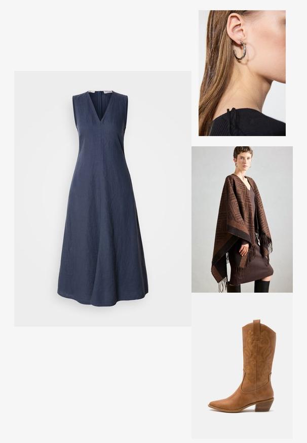 Poncho castanho com padrão e franjas, feito de tecido suave. Usado por cima de um vestido castanho canelado, com decote em V profundo e silhueta ajustada.; Vestido sem mangas azul-marinho em linho com decote em V e fecho de zipper nas costas. A silhueta rodada apresenta uma textura mínima e linhas limpas.; Bota de cowboy em couro cáqui com bico pontiagudo, padrões de bordado em espiral no cano e um salto em bloco empilhado. Inclui uma alça para fácil calçar.; Brinco de argola prateada com acabamento polido, apresentando pequenos detalhes em dourado e uma forma redonda, usado na orelha.