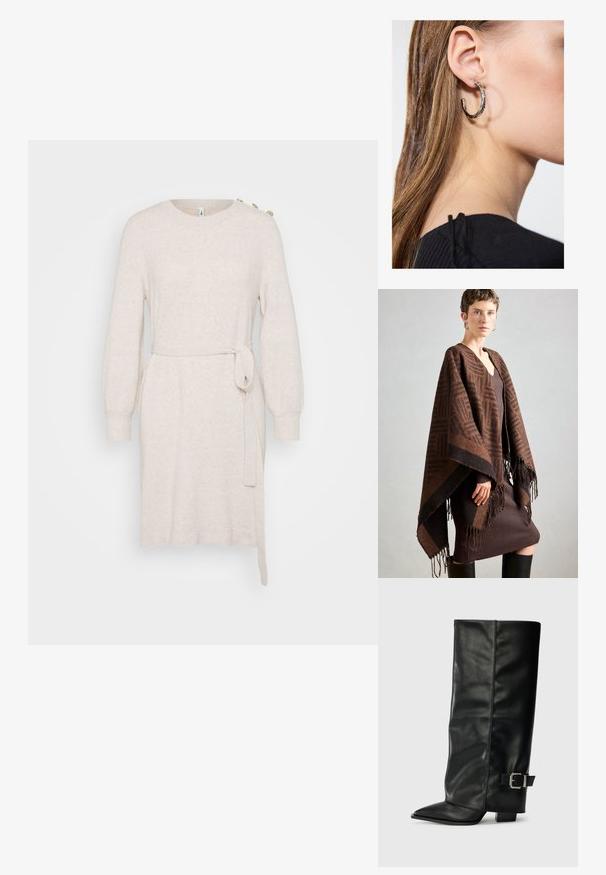 Brunmönstrad poncho med fransar, tillverkad av mjukt tyg. Lager över en ribbad brun klänning med djup V-ringning och figurnära silhuett.; Beige stickad klänning med rund halsringning, långa ballongärmar, midjeband och sidospalt. Har dekorativa knappar på axeln.; Svarta läderstövlar i ankellängd med spetsig tå, slät yta och en silverfärgad spänne på sidan. Kraftig fyrkantig klack.; Silverörhänge med polerad yta, med små detaljer i guld och rund form, bärs på loben.