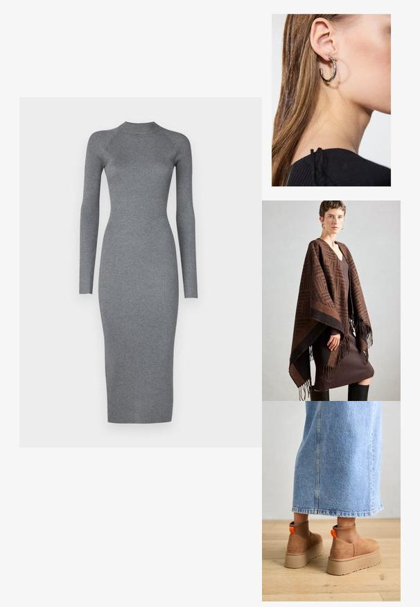 Rjav pončo z vzorcem in resicami, izdelan iz mehkega blaga. Nosil se je preko rebraste rjave obleke z globokim V-izrezom in oprijetim krojem.; Vero Moda Tall VMWILLOW DRESS - Obleka/pulover - medium grey; Rjave suede platform čizme z elastičnimi stranskimi paneli in oranžnimi zankami, v kombinaciji s svetlobno denim krilom do kolen na lesenem tleh.; Srebrna obročasta uhana s polirano površino, ki vključuje majhne zlate poudarke in okroglo obliko, nošena na ušesnem lobu.