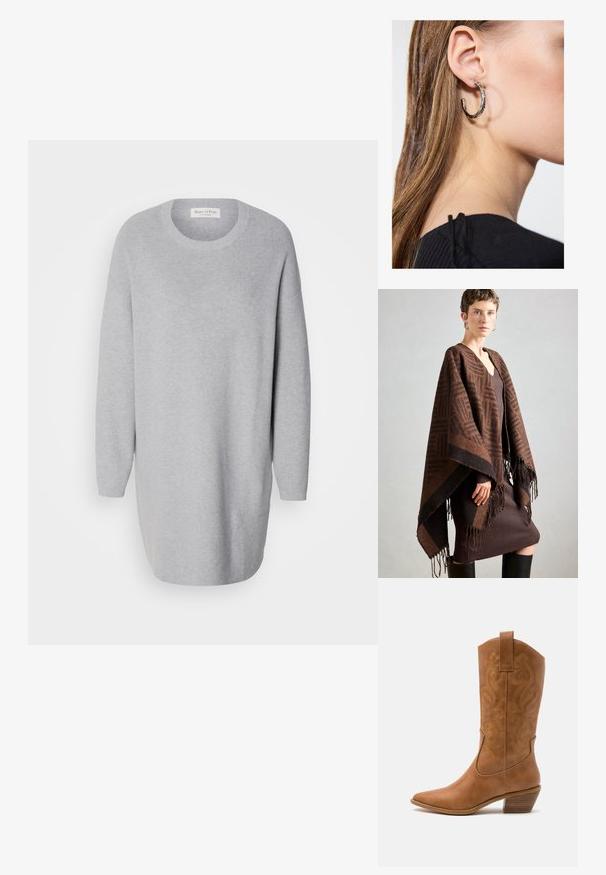 Καφέ poncho με μοτίβο και φ fringe, κατασκευασμένο από μαλακό ύφασμα. Φορεμένο πάνω από ένα καφέ φόρεμα με ραβδωτό σχέδιο, που διαθέτει βαθύ V-ντεκολτέ και εφαρμοστή σιλουέτα.; Marc O'Polo DRESS LONGSLEEVE ROUND NECK - Φόρεμα-πουλόβερ - soft stone melange; Καφέ δερμάτινο καουμπόικο μποτάκι με μυτερή μύτη, κεντημένα σχέδια σε σπειροειδείς γραμμές στον κορμό και σωρό από μπλοκ τακούνι. Διαθέτει λουρί για εύκολη φόρεση.; Ασημένιο σκουλαρίκι κρίκος με γυαλιστερή φινίρισμα, που διαθέτει μικρές χρυσές λεπτομέρειες και στρογγυλό σχήμα, φορεμένο στον λοβό.