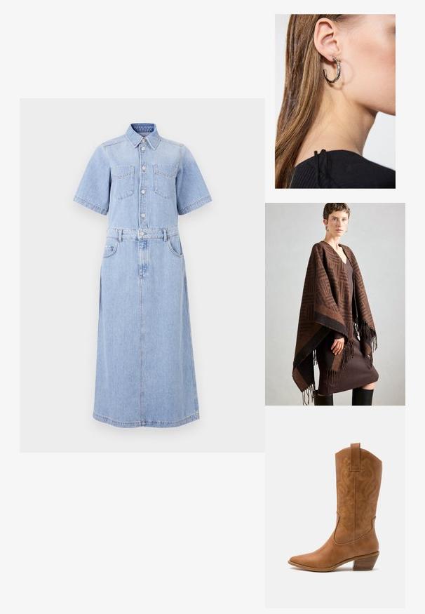 Brązowy ponczo w wzory z frędzlami, wykonane z miękkiego materiału. Nałożone na brązową sukienkę o prążkowanej strukturze, z głębokim dekoltem w kształcie litery V i dopasowanym krojem.; Jasnoniebieska sukienka koszulowa z jeansu z krótkimi rękawami, dwoma kieszeniami na piersi, guzikiem z przodu, ściągniętą w talii paskiem i długą spódnicą w kształcie litery A.; Brązowe skórzane kowbojki z wyciągniętym nosem, haftowanymi wzorami spiralnymi na cholewie oraz blokowym obcasem. Posiadają pętlę ułatwiającą zakładanie.; Srebrny kolczyk w kształcie koła z polerowanym wykończeniem, z małymi złotymi akcentami, noszony na płatku ucha.