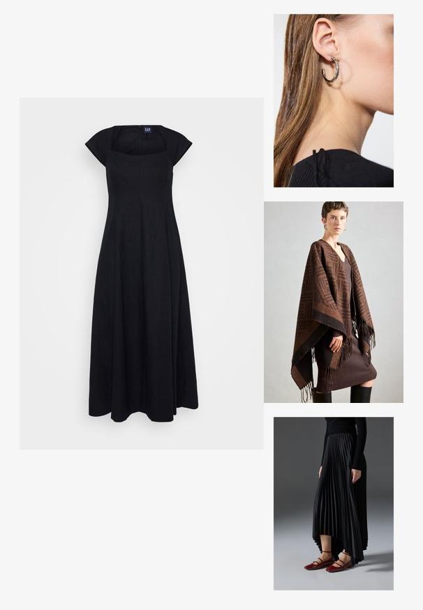 Braun gemusterter Poncho mit Fransen, aus weichem Stoff. Über einem ribbelten braunen Kleid getragen, das einen tiefen V-Ausschnitt und eine figurbetonte Silhouette hat.; Schwarzes Leinenkleid mit einem quadratischen Ausschnitt, kurzen Ärmeln und einem fließenden Rockdesign. Verfügt über einen Reißverschluss auf der Rückseite zum Schließen.; Schwarzer, plissierter Rock mit einem High-Low-Saum, kombiniert mit glänzenden roten Ballerinas mit einem Riemen-Design. Der Stoff hat eine glatte Textur.; Silberne Creolen mit polierter Oberfläche, die kleine goldene Akzentdetails und eine runde Form aufweisen, am Ohrläppchen getragen.