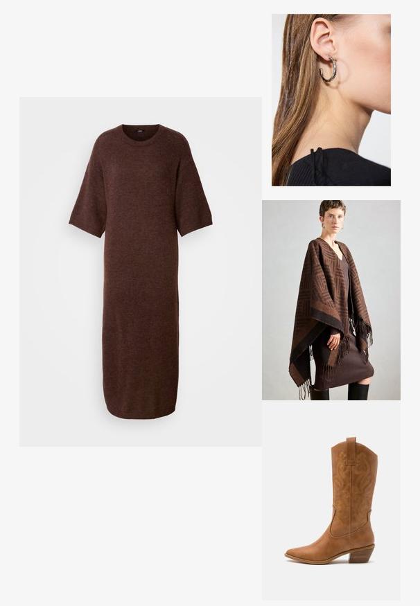Brun mønstrete poncho med frynser, laget av myk stoff. Lagt over en ribbet brun kjole med dyp V-hals og tettsittende silhuett.; Brun strikket kjole med rund hals, kortermede og rett passform, med en myk tekstur og lengde til midt på leggen.; Brune lær cowboy støvel med spiss tå, broderte svirvlende mønstre på skaftet og en stablet blokk hæl. Har en trekksløyfe for enkel påkledning.; Sølv ringøredob med en polert finish, med små gull detaljer og en rund form, båret på øreflippen.