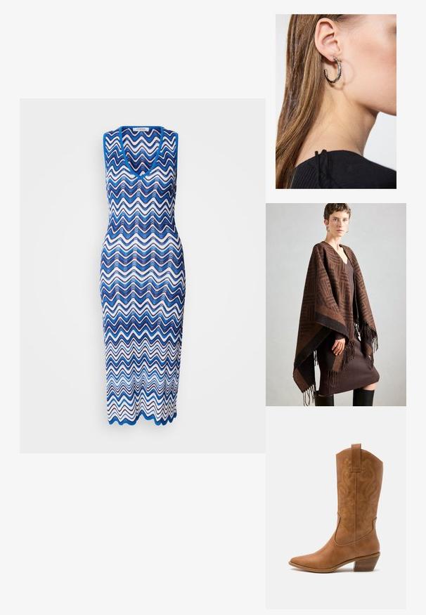 Pruun mustriga ponšo frintlidega, valmistatud pehmest kangast. Kihtide kaupa kantud ribaliselt pruuni kleidi üle, millel on sügav V-kaelus ja kehaümberpööratud siluett.; Kootud kleit, millel on sinise ja valge laineline siksak-muster, ilma varrukateta kujundus ja sügav V-kaelus, pahkluuni ulatuv lõige.; Kohvitooni nahast cowboy-kork, millel on terav varvas, tikitud keerised varrel ja virnastatud ploki konts. Omab tõmbeava, et seda oleks lihtne jalga panna.; Hõbedane rõngas kõrvarõngas poleeritud viimistlusega, millel on väikesed kuldsed aktsendid ja ümmargune kuju, kantud lobus.