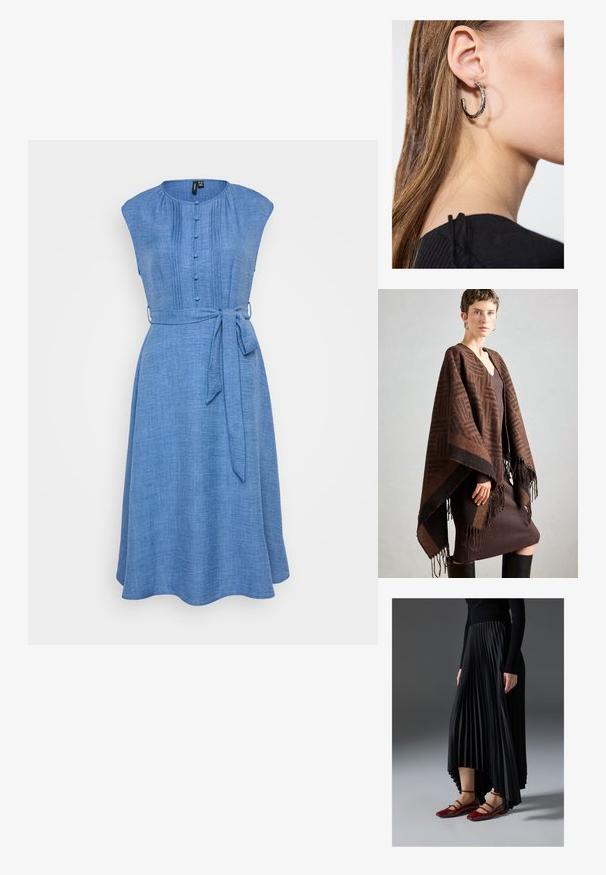 Brun mønstrete poncho med frynser, laget av myk stoff. Lagt over en ribbet brun kjole med dyp V-hals og tettsittende silhuett.; Blå chambray-kjole med korte ermer, knappestolpe foran og belte i midjen. Har vertikale folder for tekstur og en utsvingt kant.; Svart plissert skjørt med høy-lav hem, kombinert med glansfulle røde leilisser med stroppedesign. Stoffet har en jevn tekstur.; Sølv ringøredob med en polert finish, med små gull detaljer og en rund form, båret på øreflippen.