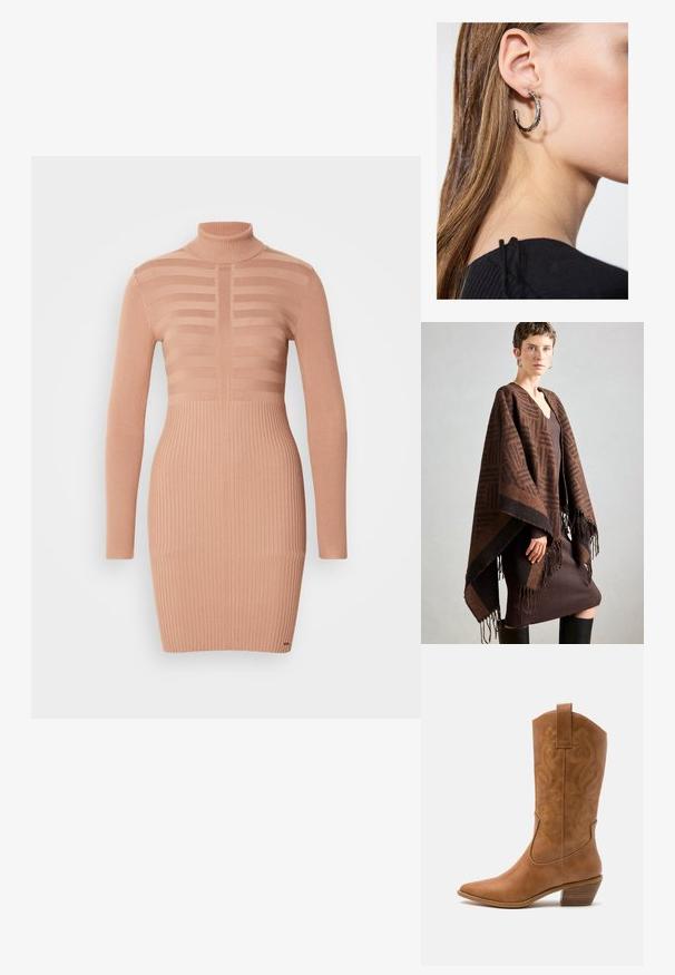 Poncho à motifs marron avec des franges, fabriqué en tissu doux. Superposé sur une robe marron côtelée, présentant un décolleté en V profond et une silhouette ajustée.; Robe en tricot de pêche doux avec un col haut. Présente une texture côtelée contrastant avec des sections rayées sur le corps et les manches.; Bottes de cow-boy en cuir tan avec un bout pointu, des motifs en spirale brodés sur la tige, et un talon bloc empilé. Équipées d'une languette pour un enfilage facile.; Boucle d'oreille en argent avec une finition polie, présentant de petits détails en or et de forme ronde, portée sur le lobe.