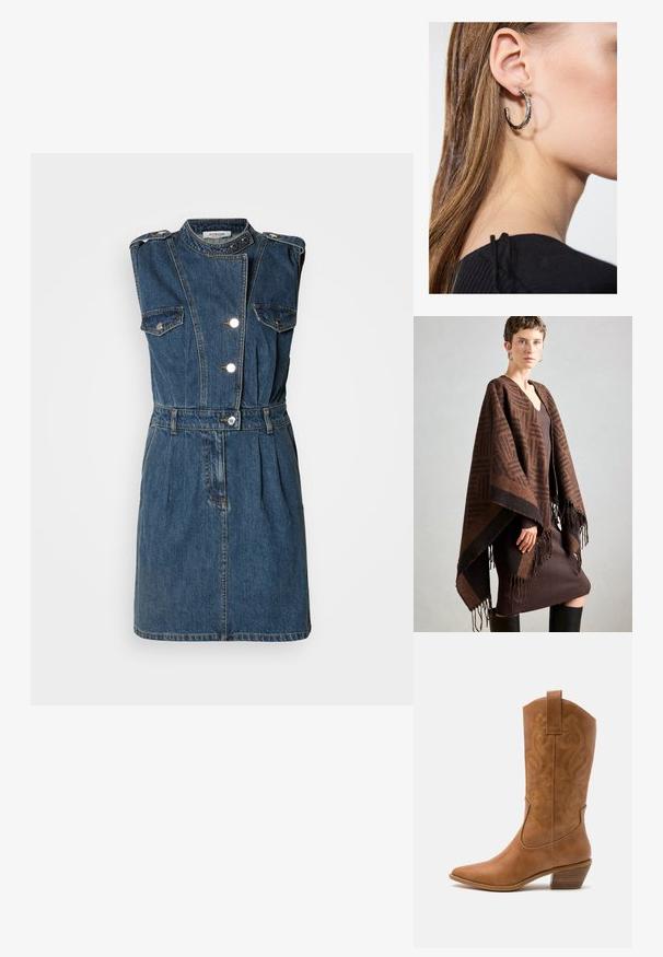 Rjav pončo z vzorcem in resicami, izdelan iz mehkega blaga. Nosil se je preko rebraste rjave obleke z globokim V-izrezom in oprijetim krojem.; Jeans obleka brez rokavov v temno modri barvi z visokim ovratnikom, srebrnimi gumbi, dvema žepoma na prsih, pasom in plisirano krilo.; Rjavi usnjeni kauboj čevlji s koničastim nosom, vezenimi vijugastimi vzorci na zgornjem delu in zloženim kvadratnim peto. Imajo zanko za enostavno obuvanje.; Srebrna obročasta uhana s polirano površino, ki vključuje majhne zlate poudarke in okroglo obliko, nošena na ušesnem lobu.