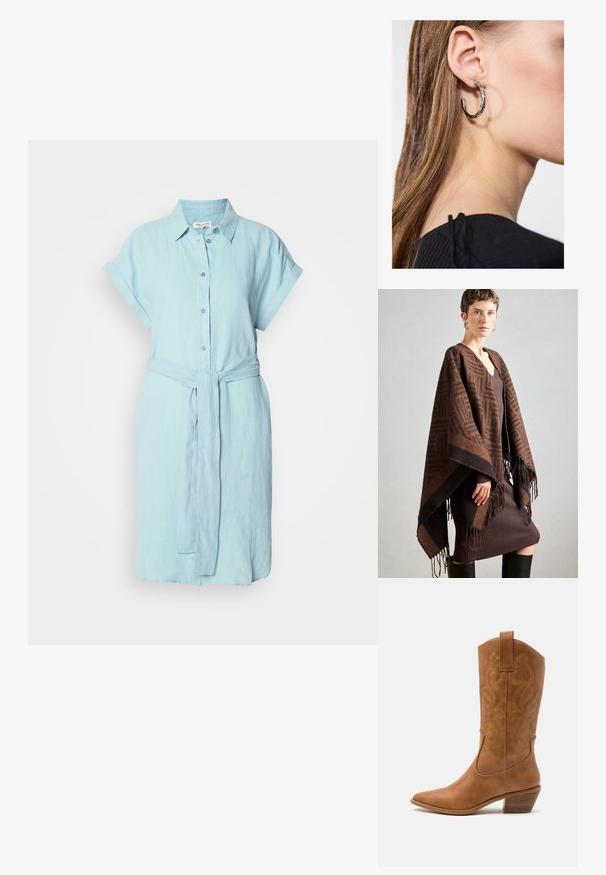 Brunmönstrad poncho med fransar, tillverkad av mjukt tyg. Lager över en ribbad brun klänning med djup V-ringning och figurnära silhuett.; Ljusblå linneskjortklänning med korta uppvikta ärmar, knappstängning fram och ett matchande knytbälte i midjan för justerbar passform.; Bruna lädercowboystövlar med spetsig tå, broderade virvelmönster på skaftet och en staplad blockklack. Har en dragflik för enkel påtagning.; Silverörhänge med polerad yta, med små detaljer i guld och rund form, bärs på loben.