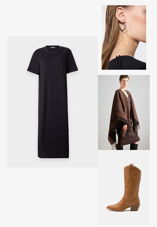 Brązowy ponczo w wzory z frędzlami, wykonane z miękkiego materiału. Nałożone na brązową sukienkę o prążkowanej strukturze, z głębokim dekoltem w kształcie litery V i dopasowanym krojem.; Czarna, krótko rękawowa sukienka maxi wykonana z miękkiego materiału; charakteryzuje się okrągłym dekoltem oraz luźną, prostą sylwetką z długością do kostek.; Brązowe skórzane kowbojki z wyciągniętym nosem, haftowanymi wzorami spiralnymi na cholewie oraz blokowym obcasem. Posiadają pętlę ułatwiającą zakładanie.; Srebrny kolczyk w kształcie koła z polerowanym wykończeniem, z małymi złotymi akcentami, noszony na płatku ucha.