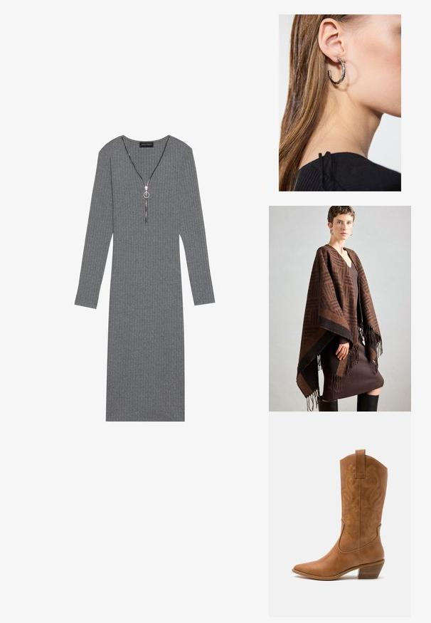Braun gemusterter Poncho mit Fransen, aus weichem Stoff. Über einem ribbelten braunen Kleid getragen, das einen tiefen V-Ausschnitt und eine figurbetonte Silhouette hat.; Graues geripptes Langarmkleid mit tiefem V-Ausschnitt und silbernem Reißverschlussdetail, ausgestattet mit einem runden Zipper und taillierter Silhouette.; Braune Leder-Cowboy-Stiefel mit spitzem Zehenbereich, bestickten Wirbelmustern am Schaft und einem gestapelten Blockabsatz. Verfügt über einen Ziehriemen für das einfache Anziehen.; Silberne Creolen mit polierter Oberfläche, die kleine goldene Akzentdetails und eine runde Form aufweisen, am Ohrläppchen getragen.