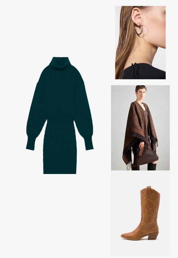 Poncho castanho com padrão e franjas, feito de tecido suave. Usado por cima de um vestido castanho canelado, com decote em V profundo e silhueta ajustada.; Vestido malha canelada em teal com gola alta e mangas balão. Apresenta uma cintura ajustada e um tecido texturizado para uma dimensão adicional.; Bota de cowboy em couro cáqui com bico pontiagudo, padrões de bordado em espiral no cano e um salto em bloco empilhado. Inclui uma alça para fácil calçar.; Brinco de argola prateada com acabamento polido, apresentando pequenos detalhes em dourado e uma forma redonda, usado na orelha.