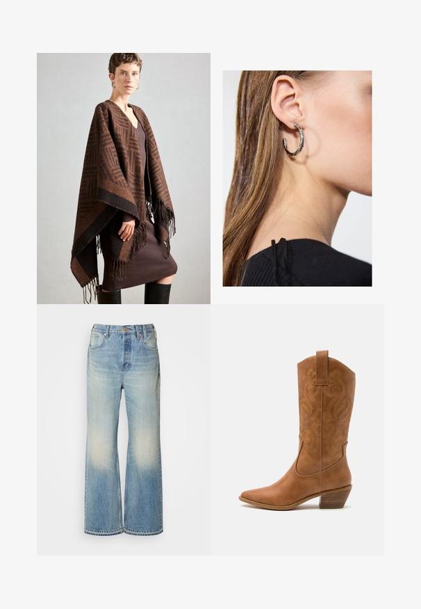 Brūns rakstains pončo ar franjām, izgatavots no mīkstas auduma. Valkāts virs ribota brūna kleitas, kurai ir dziļa V-veida kakla izgriezums un pieguļošs siluets.; Melnā augsta apkakle džemperis, kas izgatavots no viegla adīšanas auduma. Tam ir garas piedurknes, pieguļoša silueta un mīksta ribota tekstūra.; Gaiši zili denima platie bikses ar izbalējušu efektu, ar pogu aizdari, jostu cilpām un piecu kabatu dizainu.; Brūni ādas kovboju zābaks ar norādītu purngalu, izšūtām viļņveida apakšējo detaļu un sakrautajiem blokiem. Iezīmēts ar velkšanas cilpu ērtai uzvilkšanai.; Sudraba auskars ar pulētu apdari, ar maziem zelta akcentiem un apaļu formu, uz ausu ļipiņas.