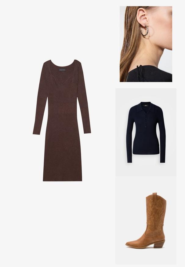Brązowy ponczo w wzory z frędzlami, wykonane z miękkiego materiału. Nałożone na brązową sukienkę o prążkowanej strukturze, z głębokim dekoltem w kształcie litery V i dopasowanym krojem.; Granatowa longsleeve polo wykonana z teksturowanej ribbowanej tkaniny, z kołnierzykiem, plastronem na guziki i fasonem dopasowanym.; Brązowa, prążkowana sukienka z długim rękawem, o okrągłym dekolcie i dopasowanym kroju. Posiada szczegóły w kształcie litery V w szwie na korpusie.; Brązowe skórzane kowbojki z wyciągniętym nosem, haftowanymi wzorami spiralnymi na cholewie oraz blokowym obcasem. Posiadają pętlę ułatwiającą zakładanie.; Srebrny kolczyk w kształcie koła z polerowanym wykończeniem, z małymi złotymi akcentami, noszony na płatku ucha.