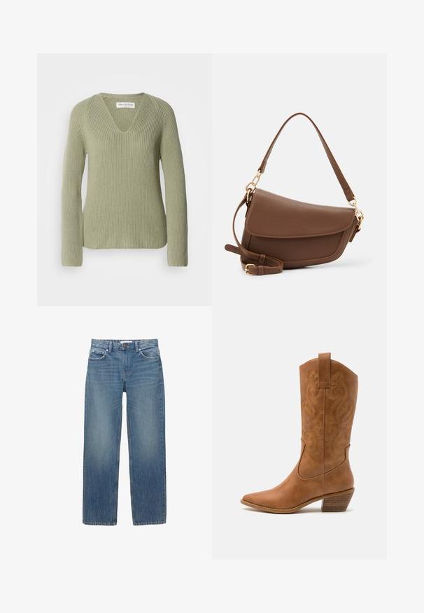 Braun gemusterter Poncho mit Fransen, aus weichem Stoff. Über einem ribbelten braunen Kleid getragen, das einen tiefen V-Ausschnitt und eine figurbetonte Silhouette hat.; Strickpullover in Hellgrün mit V-Ausschnitt, langen Ärmeln und strukturiertem Rippmuster. Etikett am Ausschnitt sichtbar.; Hellblaue Jeans aus Denim mit geradem Schnitt, fünf Taschen und Beschlägen in Kupferfarbe. Der Stoff hat eine leichte Ausbleichung und eine glatte Textur.; Braune Leder-Cowboy-Stiefel mit spitzem Zehenbereich, bestickten Wirbelmustern am Schaft und einem gestapelten Blockabsatz. Verfügt über einen Ziehriemen für das einfache Anziehen.; Braune Lederschultertasche mit strukturiertem Finish, geschwungener Form, goldfarbenen Beschlägen, verstellbarem Schulterriemen und Klappenverschluss.; Silberne Creolen mit polierter Oberfläche, die kleine goldene Akzentdetails und eine runde Form aufweisen, am Ohrläppchen getragen.