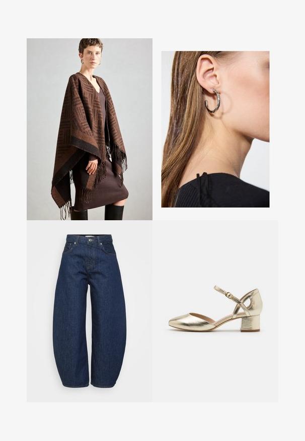 Brunmönstrad poncho med fransar, tillverkad av mjukt tyg. Lager över en ribbad brun klänning med djup V-ringning och figurnära silhuett.; Vit långärmad blus med klassisk krage, framtill knäppning och insidan med rynkning. Slät tyg med skräddarsydd passform.; Mörkblå jeans i denim med en vid, avslappnad passform. Har dragkedja, fyra fickor och kontrasterande sömmar längs sömmarna.; Gyllene metalliska klackskor med rund tå, ankelrem och blockklack. Slät textur med en glänsande finish och korsremdesign.; Silverörhänge med polerad yta, med små detaljer i guld och rund form, bärs på loben.