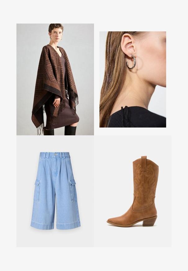 Rjav pončo z vzorcem in resicami, izdelan iz mehkega blaga. Nosil se je preko rebraste rjave obleke z globokim V-izrezom in oprijetim krojem.; Bela bluzica z dolgimi rokavi s klasičnim ovratnikom, sprednjim zapenjanjem na gumbe in nabranimi stranskimi detajli. Gladek material s krojem, ki se prilega.; Svetlo modri denim kratki hlače cargo z širokimi nogavicami, sprednjimi zgubami in dvema stranskima žepoma. Visok pas z zankami za pas in gumbom za zapiranje.; Rjavi usnjeni kauboj čevlji s koničastim nosom, vezenimi vijugastimi vzorci na zgornjem delu in zloženim kvadratnim peto. Imajo zanko za enostavno obuvanje.; Srebrna obročasta uhana s polirano površino, ki vključuje majhne zlate poudarke in okroglo obliko, nošena na ušesnem lobu.