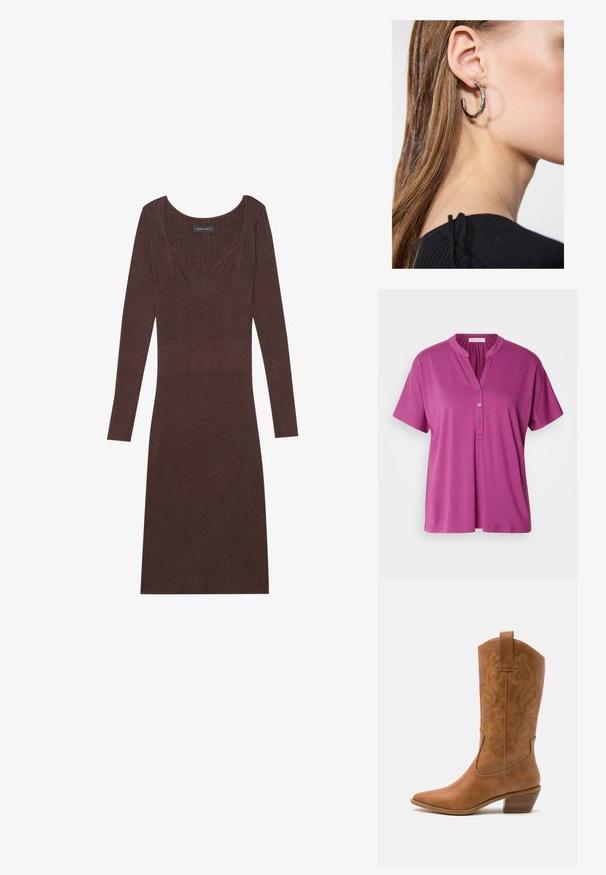 Brūns rakstains pončo ar franjām, izgatavots no mīkstas auduma. Valkāts virs ribota brūna kleitas, kurai ir dziļa V-veida kakla izgriezums un pieguļošs siluets.; Violeta īsām piedurknēm blūze ar mandarīna apkakli un trīs pogu apdari. Izgatavota no gludas, vieglas auduma. Vienkāršs dizains.; Brūna ribota garām piedurknēm kleita ar apaļa kakla izgriezumu un pieguļošu siluetu. Iekļauj v-veida šuvju detaļas uz topa.; Brūni ādas kovboju zābaks ar norādītu purngalu, izšūtām viļņveida apakšējo detaļu un sakrautajiem blokiem. Iezīmēts ar velkšanas cilpu ērtai uzvilkšanai.; Sudraba auskars ar pulētu apdari, ar maziem zelta akcentiem un apaļu formu, uz ausu ļipiņas.