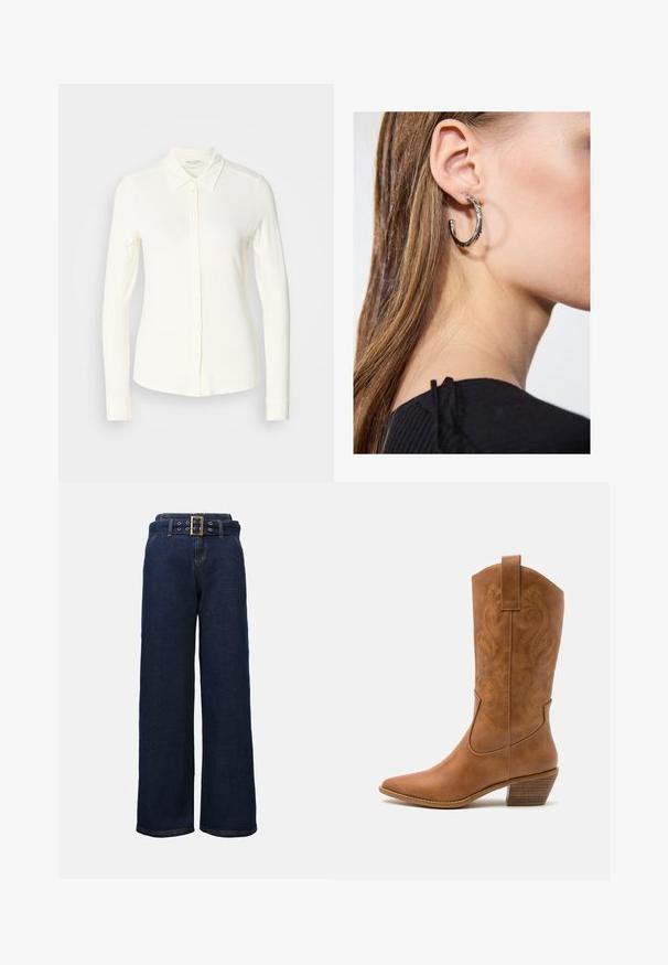 Braun gemusterter Poncho mit Fransen, aus weichem Stoff. Über einem ribbelten braunen Kleid getragen, das einen tiefen V-Ausschnitt und eine figurbetonte Silhouette hat.; Langärmlig, cremefarbener Hemd mit Knopfleiste aus weichem Stoff. Verfügt über einen klassischen Kragen und einen geraden Saum mit Knopfdetails.; Dunkelblaue, weite Jeanshose mit gestickten Taschen und einem passenden Gürtel, der eine große rechteckige goldene Schnalle aufweist.; Braune Leder-Cowboy-Stiefel mit spitzem Zehenbereich, bestickten Wirbelmustern am Schaft und einem gestapelten Blockabsatz. Verfügt über einen Ziehriemen für das einfache Anziehen.; Silberne Creolen mit polierter Oberfläche, die kleine goldene Akzentdetails und eine runde Form aufweisen, am Ohrläppchen getragen.