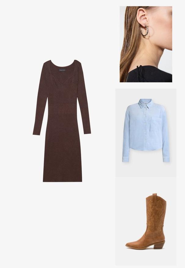 Brown patterned poncho with fringe, made of soft fabric. Layered over a ribbed brown dress, featuring a deep V-neck and fitted silhouette.; Light blue corduroy shirt with a classic collar, long sleeves, front pocket, and button closure. Features a textured ribbed pattern.; Brown ribbed long-sleeve dress with a scoop neckline and fitted silhouette. Features v-shaped stitching detail on the bodice.; Tan leather cowboy boot with pointed toe, embroidered swirl patterns on shaft, and a stacked block heel. Features a pull tab for easy wear.; Silver hoop earring with a polished finish, featuring small gold accent details and a round shape, worn on the lobe.