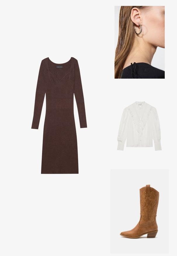 Brunt mønstrede poncho med frynser, lavet af blødt stof. Lagt over en ribbet brun kjole med dyb V-udskæring og tætsiddende silhuet.; Hvid bluse med en flæsekrave og frontknaplukning, der har lange ærmer med plisserede detaljer og knapper ned foran.; Brun ribbet langærmet kjole med scoop-halsudskæring og tætsiddende silhuet. Har V-formet stikningsdetalje på bodicen.; Tan læder cowboystøvle med spids tå, broderede svirvelmønstre på skaftet og en stablet blokhæl. Har en træksløjfe for nem af/på.; Sølv hoop ørestik med en poleret overflade, prydet med små guld accenter og en rund form, båret på øreflippen.