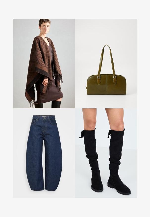 Pruun mustriga ponšo frintlidega, valmistatud pehmest kangast. Kihtide kaupa kantud ribaliselt pruuni kleidi üle, millel on sügav V-kaelus ja kehaümberpööratud siluett.; Even&Odd Petite 2 PACK - Topp - light grey/black; Kõrge vöökohaga tumesinised denim püksid laia säärega, esine nupuga ja tõmblukuga sulgemine ning klassikaline viie tasku disain.; Mustad säärtest üle ulatuvad sueded saapad pehme kanga, lõdva disaini, ümarate varvaste, lame tallaga ja külgsektsiooniga, mis tagab mugava selga panemise.; Olive rohelise nahast käekott ümmarguse kujuga, kahe käepidemega ja sujuva esipaneeliga. Omab sileda tekstuuri ja peeneid õmblusdetailide.; Hõbedane rõngas kõrvarõngas poleeritud viimistlusega, millel on väikesed kuldsed aktsendid ja ümmargune kuju, kantud lobus.