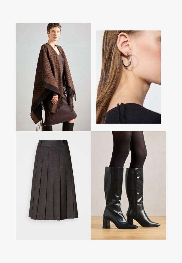 Barna mintás poncsó rojttal, puha anyagból készült. Egy bordázott barna ruhára van ráterítve, amely mély V-nyakkal és testhez simuló fazonnal rendelkezik.; Tengerészkék és fehér csíkos, hosszú ujjú blúz, hajónyakkal és aranygombos díszítésekkel a felhajtott ujjain. Puha anyag, lazán illeszkedő fazon.; Szürke, pliszírozott szoknya lapos derékkal, midi hosszúságú és sima textúrájú, éles, egyenletesen elhelyezett pliszékkal az egész felületen.; Félig térdig érő fekete bőrcipők fényes felülettel, hegyes orral és vastag sarkakkal. Oldalsó cipzár a könnyű felvétel érdekében.; Ez egy ezüst fülbevaló, sima felülettel, amelyen apró arany díszítőelemek találhatók. Kerek formájú és a fülcimpán viselik.