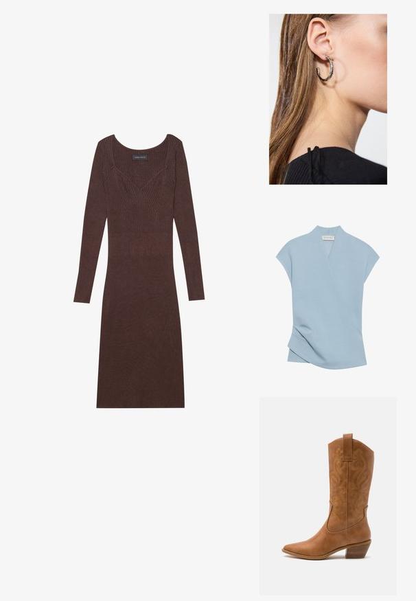 Brun mønstrete poncho med frynser, laget av myk stoff. Lagt over en ribbet brun kjole med dyp V-hals og tettsittende silhuett.; Lyseblå kortermet topp med innpakningsdesign, myk tekstur og subtile sømdetaljer. Laget av en behagelig kombinasjon av stoffer.; Brun ribbet langermet kjole med scoop-utringning og tett silhuett. Har v-formet sømdetalj på ermet.; Brune lær cowboy støvel med spiss tå, broderte svirvlende mønstre på skaftet og en stablet blokk hæl. Har en trekksløyfe for enkel påkledning.; Sølv ringøredob med en polert finish, med små gull detaljer og en rund form, båret på øreflippen.