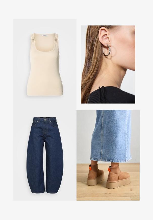 Brązowy ponczo w wzory z frędzlami, wykonane z miękkiego materiału. Nałożone na brązową sukienkę o prążkowanej strukturze, z głębokim dekoltem w kształcie litery V i dopasowanym krojem.; Beżowy bezrękawnik o prążkowanej strukturze z kwadratowym dekoltem i dekoracyjnym, złotym wykończeniem na ramiączkach.; Jeansy dżinsowe w ciemnoniebieskim kolorze z wysokim stanem i szerokimi nogawkami, z zapięciem na guziki i suwak z przodu oraz klasycznym pięciopocketowym designem.; Brązowe zamszowe buty na platformie z elastycznymi bokami i pomarańczowymi uchwytami, w połączeniu z jasnoniebieską spódnicą do kolan na drewnianej podłodze.; Srebrny kolczyk w kształcie koła z polerowanym wykończeniem, z małymi złotymi akcentami, noszony na płatku ucha.