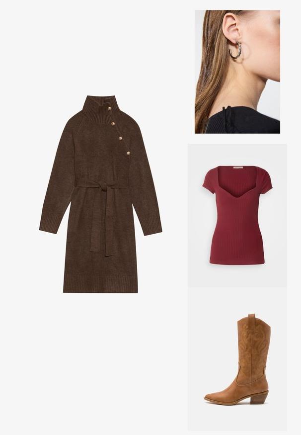 Brunt mønstrede poncho med frynser, lavet af blødt stof. Lagt over en ribbet brun kjole med dyb V-udskæring og tætsiddende silhuet.; Ribbeburgunder top med en tætsiddende design, korte ærmer og en dyb V-udskæring. Lavet af blødt stof med en glat overflade.; Brun strikket sweaterkjole med høj ribbet krave, sidelukning og en matchende stofbælte. Ribbet manchetter og søm tilføjer tekstur.; Tan læder cowboystøvle med spids tå, broderede svirvelmønstre på skaftet og en stablet blokhæl. Har en træksløjfe for nem af/på.; Sølv hoop ørestik med en poleret overflade, prydet med små guld accenter og en rund form, båret på øreflippen.